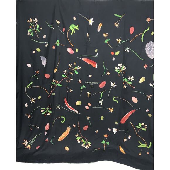 Hermes cashmere silk 54"x54" shawl Fleurs Et Plumes Black Floral 140 cm scarf - Picture 12 of 13